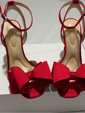 Jessica Simpson Red Satin Bow Ankle-Strap Stiletto Heels